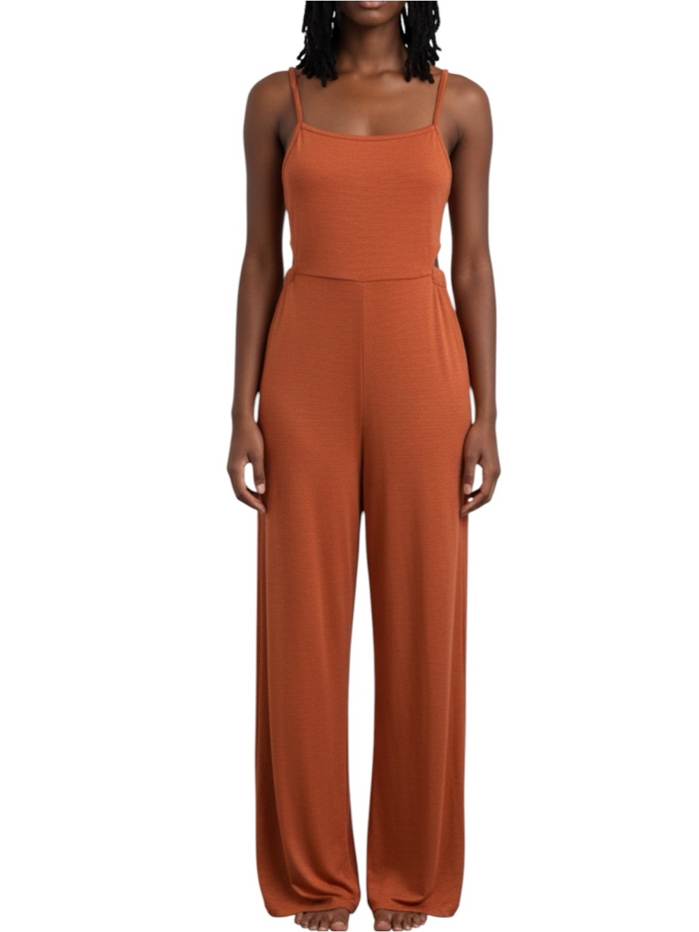 Roxy Boho Hippie Rust Orange Cross Open Back Tie Heathered Knit Jersey Jumpsuit